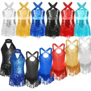 Kid Girl Sequins Tassel Hem Latin Dance Dress Jazz Latin Rumba Bodysuit Costume