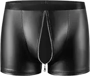 [Syhzlz] Mens Soft Leather Boxer, Sexy Below Open Crotch, Ultra-thin Matte Leather, Comfort Stretch Waistband