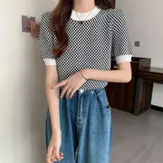 Short-Sleeve Mock Neck Checkerboard Knit Top White - One Size