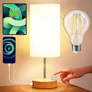 Bedside Table Lamp,Touch Control Table Light for Bedroom Wood 3 Way Dimmable Nightstand lamp with Round Flaxen Fabric Shade for Living Room, Dorm, Home Office (LED Bulb Included)