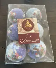 Enchanted Forest Glitter Ball Ornaments W/Snowmen Motif Set Of 6