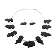 Exquisite Mike Tucson Zuni Bear Fetish Necklace Earrings Set Sterling Silver Jet
