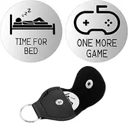 Decision Coin Stainless Steel Double Sided Coin with PU Leather Case Novelty Coin One TIME FOR BED/ONE MORE GAME Pocket Hug Coin Decision Maker Gamer Gifts for Him Her