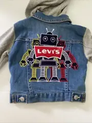 Levi’s Kids Denim Jacket Hood Robot Patch Grey Blue SZ 2T Boy Girl Casual