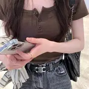 Short Sleeve Half-Button Plain Slim-Fit Crop Top Coffee - S