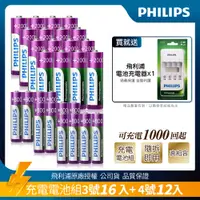 在飛比找PChome24h購物優惠-【PHILIPS】低自放鎳氫充電電池3號16入+4號12入(