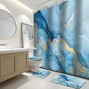 Lnond 4Pcs Marble Bathroom Sets with Shower Curtain and Rugs,Blue Gold Marble Modern Art Bathroom Shower Curtain Sets with Rugs and Accessories