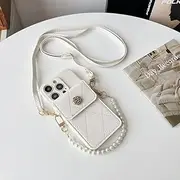 Card Bag Wallet Pearl Strap Holder Crossbody Phone Case Cover for iPhone 15 14 X XR XS 1113 Pro Max 12 Pro 7 8 Plus,Beige, for iPhone 12