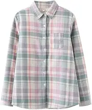 [GRMO] Women's Plaid Print Button Down Fleece Long Sleeve Thermal Shirt with Pockets