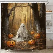 YSATNSFT Spooky Halloween Ghost Shower Curtain Fall Misty Forest Scary Ghost Pumpkin Gothic Creepy Watercolor Happy Holiday Fabric Bathroom Decor Set with Hooks,(70" WX70 H)