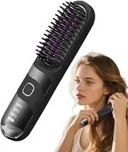 Rechargeable Hair Straightener - Electric Curler Brush | 2-in-1 Temperature Adjustable Quick Styling Cordless Hair Straightener Brush for Home