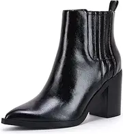 [Coutgo] Womens Ankle Boots Slip on Pointed Toe Chunky Block Mid Heel Leather Elastic Panel Casual Chelsea Western Booties