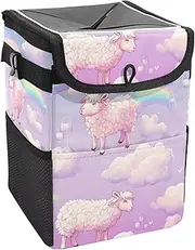 Car Trash Can with Lid and Storage Pockets Leak-Proof Organizer,Waterproof Garbage Can,Color Striped Rainbow Sheep