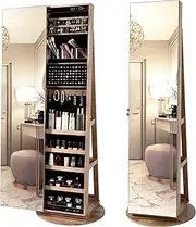 LVSOMT 360° Swivel Jewelry Cabinet with Full Length Mirror, 63" Large Jewelry Armoire Organizer, Lockable Mirror with Jewelry Storage, Floor Standing Mirror, Rear Storage Shelves