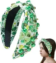 [Generic] St. Patrick's Day Headband - Shamrock Head Wear - St.Patrick's Day Headbands Green Shamrock Hairband Crystal Rhinestone Wide Top Knot Headband for Irish Holiday Party