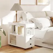 CostwayNarrow End Table Modern 2-Drawer Sofa Side Table with Open Shelves-White