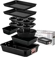 Prime Cuisine Nonstick Ceramic Bakeware Set – 8 Piece Baking Pans Set, Oven Safe to 450°F, Includes Muffin Pans, Cookie Sheets, Loaf, Roaster, Round & Square Pans, BPA-Free