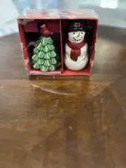 St. Nicholas Square Yuletide Snowman and Tree Salt and Pepper Shakers New