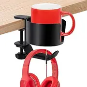 Headphone Hanger with Cup Holder, 2-in-1 Anti-Spill Cup Holder with Under Desk Headphone Hanger, 360° Rotation Headphone Holder Aluminum Headset Stand Headphone Hook (1 Pack)