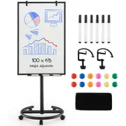 Costway 100x65cm Mobile Dry Erase Whiteboard w/Height Adjustable Stand & Markers Classroom Office White Board Black