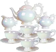 [fanquare] 15 Pieces British Porcelain Tea Set, Modern Iridescent Tea Party Set for Women, Large White Teapot Set