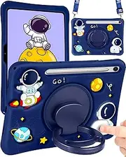 [Wazzasoft] for Samsung Galaxy Tab S9/S9 FE 5G Case 10.9/11 Inch Boys Cute Astronaut Cover Kawaii 3D Spacemen with Rotating Handle Stand + Strap Soft Silicon Funda for Samsung Tab S9/S9 FE
