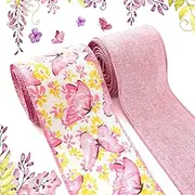 HIENAJ 2 Rolls 12 Yards Spring Flowers Wired Edge Ribbon, 2.5inch Pink Floral Butterfly Wired Ribbon,Pink Burlap Ribbon for Wreaths Basket DIY Crafts Gift Party Bow Decoration