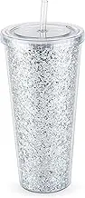 Blush Glam Double Walled Glitter Acrylic Plastic Tumbler with Lid and Straw, Reusable Cups for Smoothie, Iced Coffee Tumblers, 24 oz Set of 1, Silver