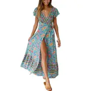 Nevenka Women Boho Summer Maxi Dress Side Split Deep V Neck Floral Dress-Green