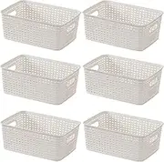 6-Pack Plastic Storage Baskets Set of Stackable Weave Baskets Sturdy Storage Containers with Handle for Shelves, Desktops, Cabinets, Bedrooms, Office (White)