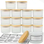 CONNOO 15 Pack 4 OZ Frosted Glass Candle Jars with Airtight Bamboo Lids for Making Candles, Bulk Small Wide Mouth Empty Candle Containers with Sticky Warning Labels - Dishwasher Safe