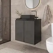 Umbu Combo Black Steel Bathroom Vanity Set 24" with Tempered Glass Countertop and Door, Black Square Ceramic Sink