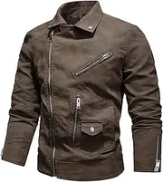 [Zylphorix] Gray Faux Leather Men's Jacket - Zip Front with Snap Collar and Multiple Pockets, Casual Wear