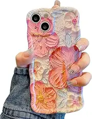 UEEBAI Case for iPhone 14 6.1 inch, Colorful Retro Oil Painting Flower Case Pretty Glossy Pattern Wave Case Cute Sparkly Floral Curly Cover Stylish Soft Case for Women and Girl - Orange White