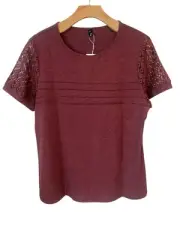 Sunbs Blouse Womens Size Medium Burgundy Short Sleeve Lace Detail Round Neck NEW