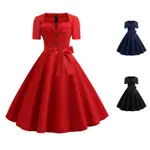 女式夏季連衣裙優雅復古復古 50 年代 60 年代長袍搖滾搖擺海報連衣裙休閒加大碼紅色派對 VESTIDOS