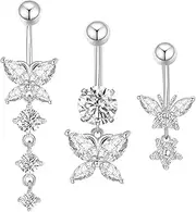 [Besyvvin] 3pcs Belly Button Bars 10mm Silver Pink Gold Navel Rings 14G Surgical Steel Butterfly Heart Dangle Piercing Jewellery