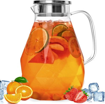 Glass Pitcher with Lid,1 Gallon Glass Water Pitcher Hot/Cold Water Jug, Juice an