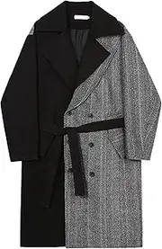 [Qolkmuiy-GJ] Men's Notch Lapel Double Breasted Trench Stylish Wool Blend Belted Pea Coat Loose Insulated Windproof Jacket
