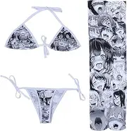 [Quker Bean] Lolita Japanese Manga Anime Ahego Face Micro Bikini Bra and Thong Set Thigh High Stockings Outfits