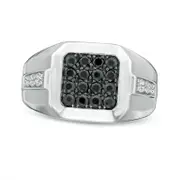 Men's 1.0 CT. T.W. Octagonal Composite Enhanced Black and White Natural Diamond Stepped Edge Ring in Sterling Silver - Size 10