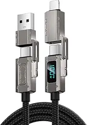 USB C Cable 100W - 4 in 1 Multi Charging Cable - USBC Fast Charging Cord Braided LED Display with for Lightning/Type C/USB A Ports for MacBook Tablets for iPhone 15 Pro Max iPad for Samsung and More