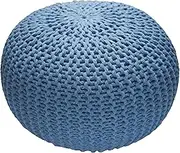 Bedding Craft Round Pouf Foot Stool Ottoman - Hand Knitted Bean Bag - Cord Boho Pouffe - Cable Poof Accent Beanbag Chair Footrest for Living Room, Bedroom, Nursery, Patio, Lounge (18”x18”x14”; Blue)