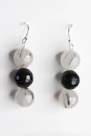 Rutilated Quartz Black & White 10mm Ball Gemstone .925 Sterling Silver Earrings