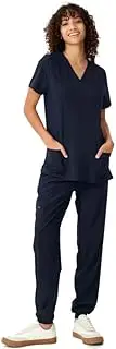[floralhue] Scrubs for Women, V-Neck Scrubs Top & Cargo Pants, Scrubs Set with 10 Pockets, Yoga Waistband, 4 Way Stretch, Navy Blue, Medium
