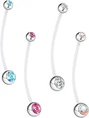 [Zeaicos] Stainless Steel Belly Rings, 4 PCS Belly Button Bars, Navel Piercing Jewelry Hoops, Double Jewel Crystal Pregnancy Maternity Belly Navel Bar, One Size, Stainless Steel, No Gemstone