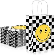 AnyDesign 16Pcs One Happy Dude Party Favor Bags - Smile Face Paper Gift Bag With Handles - Checkered Grocery Treat Bag for Baby Shower, First Birthday Party Decor Supplies