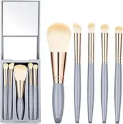 5 Piece Travel Makeup Brush Set with Storage Case Built-in Mirror Portable Mini Synthetic Fibre Makeup Brushes For Eyeshadow Brushes Foundation Brushes Blush Gifts for Women (greyish blue)