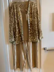 Chico's sequin jacket, shimmer gold tank, & gold pants set, large