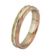 Wedding Ring In 14k Tri Color Gold Hammered Stripes Matte-Finish Solid Jewelry